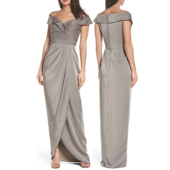 La Femme Surplice Off The Shoulder Column Gown in “Pewter”, Size 8 & 20 NWT - Picture 1 of 12